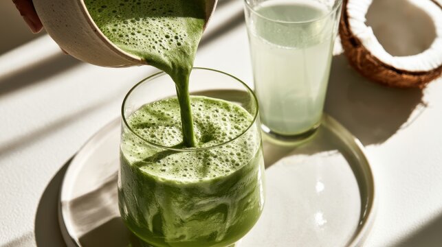 Woman pouring freshly whisked matcha into glass,Matcha Coconut drink,mixing with fresh coconut water,green tea pouring on a glass of coconut water on white wooden table,Popular Trendy 2026 concept.