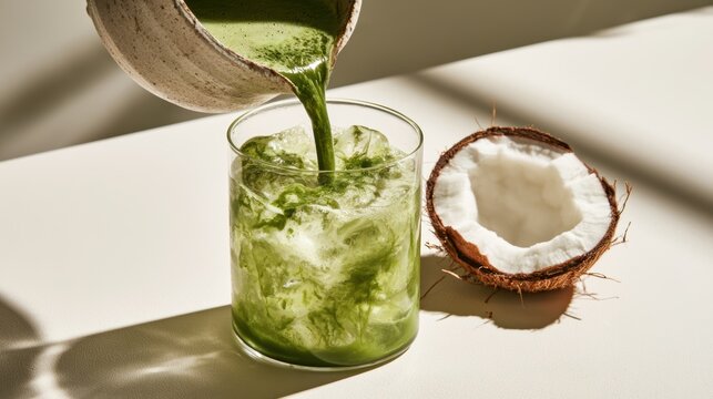 Woman pouring freshly whisked matcha into glass,Matcha Coconut drink,mixing with fresh coconut water,green tea pouring on a glass of coconut water on white wooden table,Popular Trendy 2026 concept.