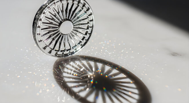Artistic silver Ashoka Chakra medallion with colorful light shadow