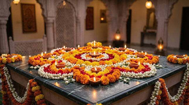 Grand floral rangoli pattern decorated with lit diyas inside traditional hall