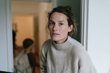 Obraz premium An introspective portrait of a woman in a cozy sweater, reflecting on her thoughts in a serene home environment, evoking feelings of calmness and tranquility.