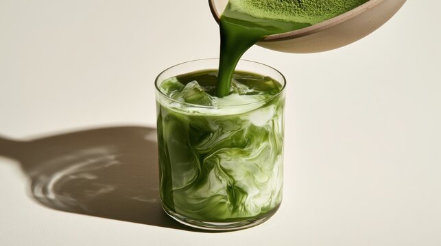 Woman pouring freshly whisked matcha into glass,Matcha Coconut drink,mixing with fresh coconut water,green tea pouring on a glass of coconut water on white wooden table,Popular Trendy 2026 concept.