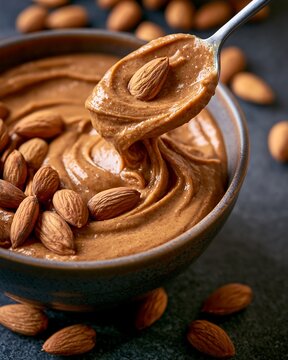 Creamy Almond Paste in Bowl With Spoon and Whole Nuts