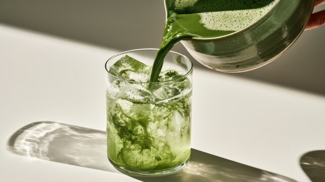 Woman pouring freshly whisked matcha into glass,Matcha Coconut drink,mixing with fresh coconut water,green tea pouring on a glass of coconut water on white wooden table,Popular Trendy 2026 concept.