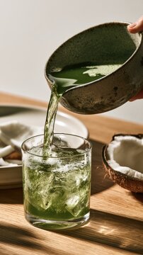 Woman pouring freshly whisked matcha into glass,Matcha Coconut drink,mixing with fresh coconut water,green tea pouring on a glass of coconut water on white wooden table,Popular Trendy 2026 concept.