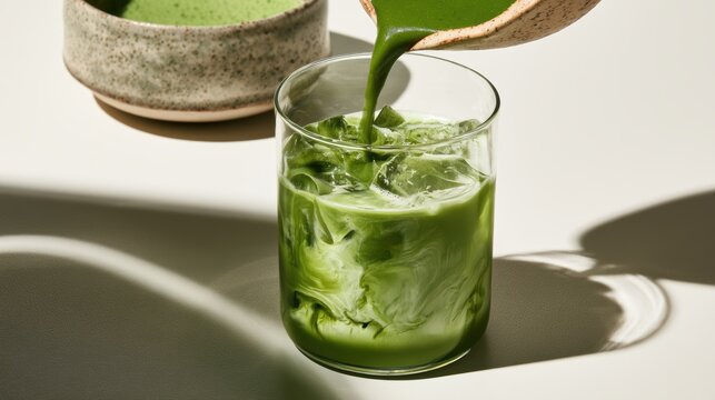 Woman pouring freshly whisked matcha into glass,Matcha Coconut drink,mixing with fresh coconut water,green tea pouring on a glass of coconut water on white wooden table,Popular Trendy 2026 concept.