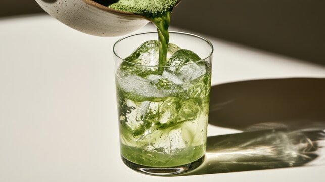 Woman pouring freshly whisked matcha into glass,Matcha Coconut drink,mixing with fresh coconut water,green tea pouring on a glass of coconut water on white wooden table,Popular Trendy 2026 concept.