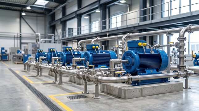 A row of blue industrial pumps and motors is visible in a large factory. The area has concrete flooring and several pipes connected to the machines