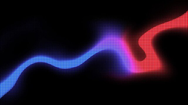 Glowing blue red and purple waveform with pixel grid on black background, futuristic technology motion