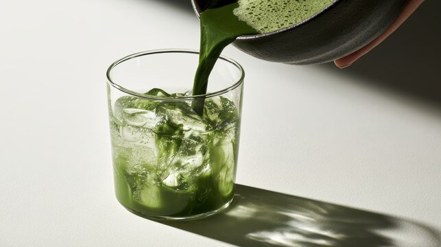 Woman pouring freshly whisked matcha into glass,Matcha Coconut drink,mixing with fresh coconut water,green tea pouring on a glass of coconut water on white wooden table,Popular Trendy 2026 concept.