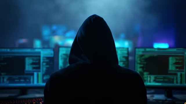 Anonymous Hooded Hacker Working on Multiple Computer Screens in Dark Cybersecurity Operations Room