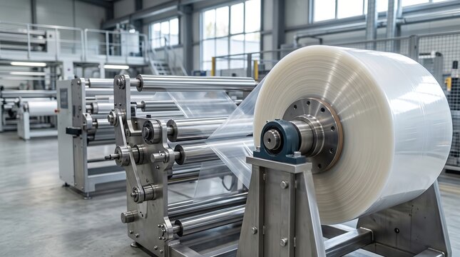 Workers operate machinery to create plastic film rolls in a large manufacturing facility. The area is well-lit and organized, showcasing multiple machines at work