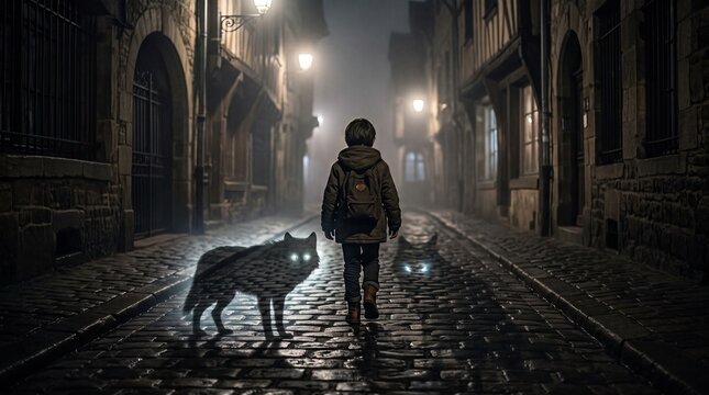Child walking with glowing-eyed wolves on a foggy cobblestone street  