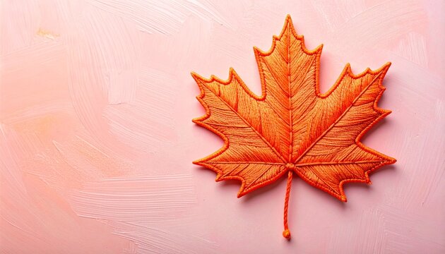Embroidered orange maple leaf, cut out on pink