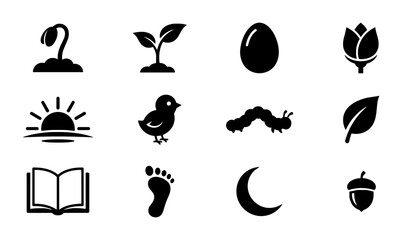 Obraz premium Life Cycle Icons Set: Growth, Nature, Transformation, and Development Symbols. Vector Illustrations for Biology, Education, and Concepts.