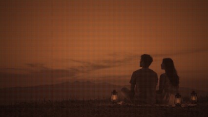 Amber sunset silhouette of couple watching city lights at night in pixelated digital art.