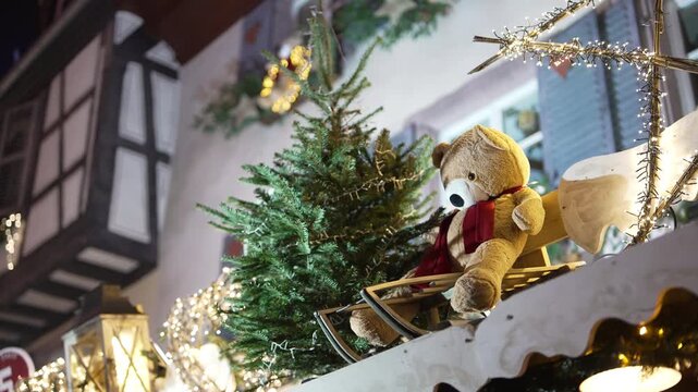 Christmas Teddy Bear Decoration With Festive Lights -Traditional European House.Filmed on 17 December 2025.