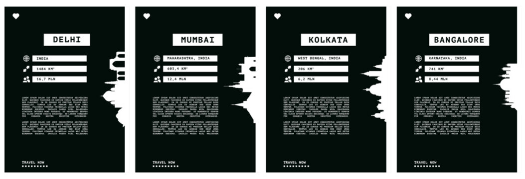 India vector pack with infographics layouts, posters, flyers. Graphic template with data about Delhi, Mumbai, Bangalore, Kolkata for web page, travel guide, cover, print