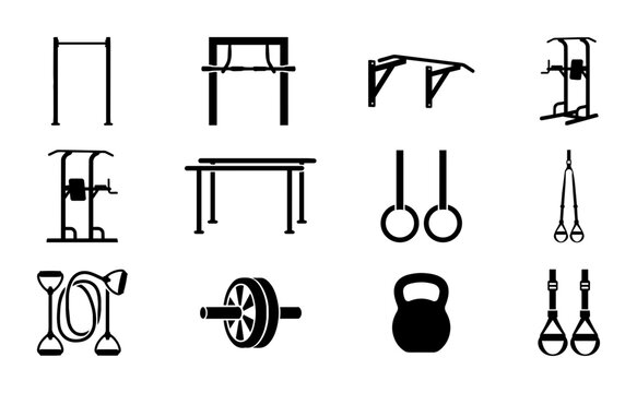 Fitness Equipment Icons Set, Gym Workout Gear Vector Graphics, Strength Training Tools Collection, Bodybuilding Apparatus Symbols