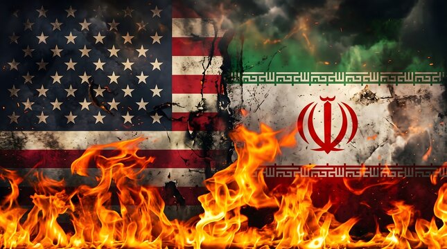 Conceptual image showing the flags of the united states and iran burning together in a large fire representing international political conflict and tension