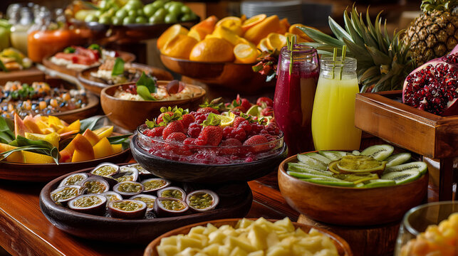 Brazilian celebration buffet featuring authentic dishes, tropical fruits and refreshing beverages with elegant national color decorations, commercial stock photography, no humans