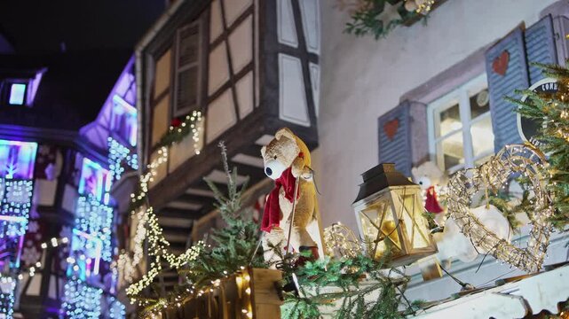Christmas Teddy Bear Decoration With Lantern - Festive Lights on European House.Filmed on 17 December 2025.