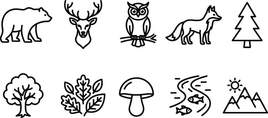 Naklejka premium Forest wildlife nature animal botanical hunting and outdoor adventure thin line icon set minimal vector graphic design for user interface website application dashboard layout