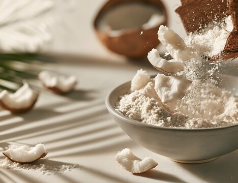 Fresh White Coconut Flesh Grated and Falling Into a Ceramic Bowl