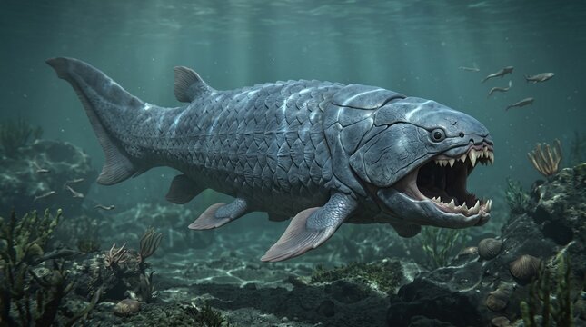 Prehistoric armored Dunkleosteus fish swimming in deep ocean water