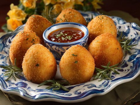 Brazilian coxinha chicken croquettes served with dipping sauce on elegant platter, festive Independence Day decoration, commercial stock image, no humans
