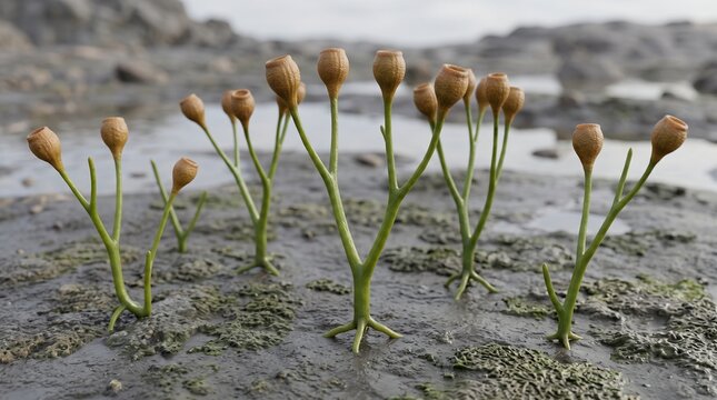 Ancient Cooksonia plants growing in a muddy prehistoric landscape