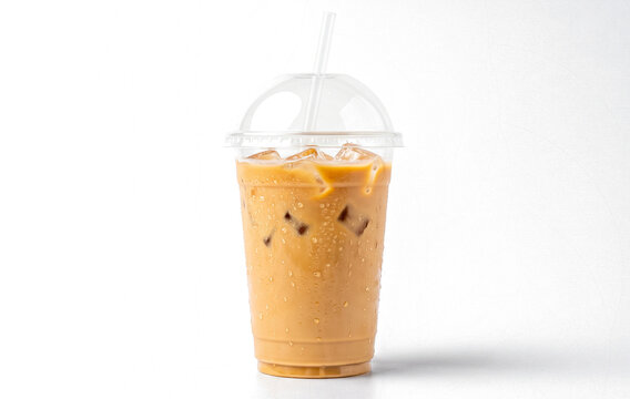 Iced Coffee Latte in Plastic Takeaway Cup with Straw and Dome Lid Water Droplets Isolated PNG Transparent Background Cold Brew Macro Studio