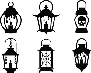 Naklejka premium Collection of six black silhouette lanterns for halloween featuring various spooky including a skull, spider web, melting wax, and hanging chain
