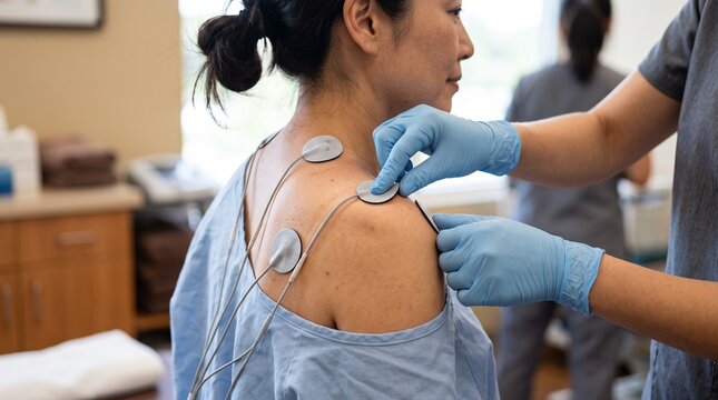 Physical therapy electrodes on female patient shoulder, medical professional applying tens unit pads, electrical stimulation treatment