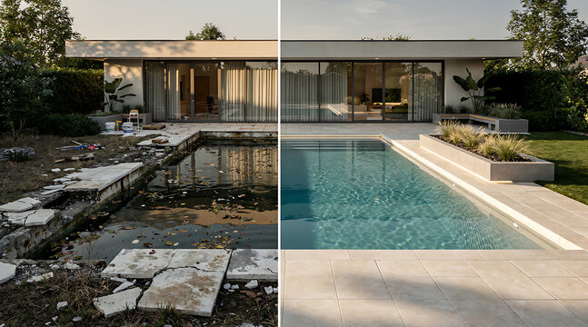 Before and After Renovation of Modern home outdoor pool and garden area showing transformation and landscaping enhancement