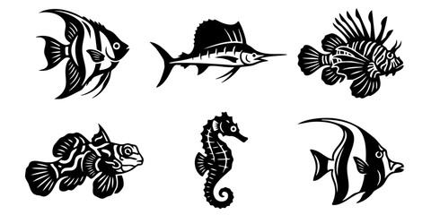 Obraz premium Vector illustrations of diverse marine fish species. Stylized angelfish, sailfish, lionfish, and seahorse art for aquatic and ocean-themed graphic designs