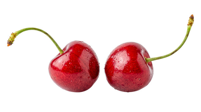 Two Fresh Ripe Red Cherries Isolated PNG Transparent Background Water Droplets Sweet Fruit Macro Studio Shot