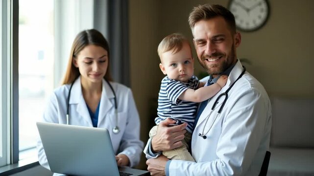 Father holding baby boy while female pediatrician works on laptop in a clinic room, depicting a family consultation indoors with a focus on healthcare and parental care..