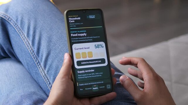 Pet owner checks food supply levels in a mobile planner, capturing smart pet care routines, low-stock awareness and the rise of connected household management.