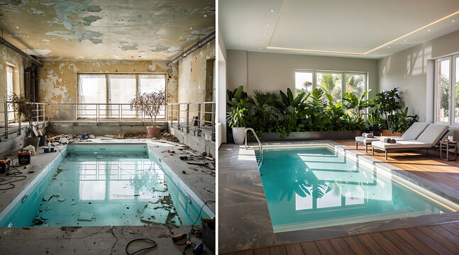 Transforming an abandoned pool area into a luxurious modern indoor swimming pool with lush vegetation and sleek design elements