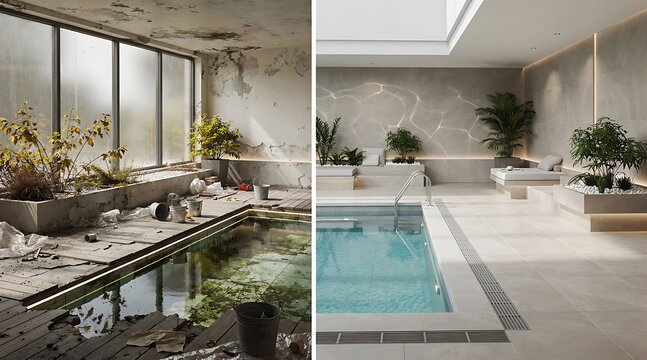 Contrasting Indoor Spaces: Dilapidated Indoor Pool and Modern Wellness Area