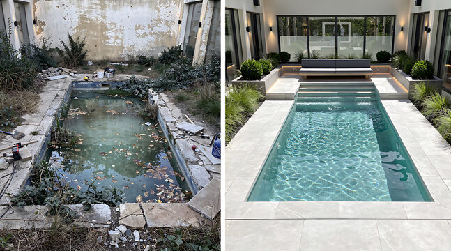 Transformation of an abandoned outdoor pool into a modern luxurious backyard retreat with sleek design and lush surroundings