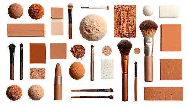 Assortment of makeup items, including brushes, sponges, powders, and lipsticks, in various shades of brown and beige, arranged on a black background