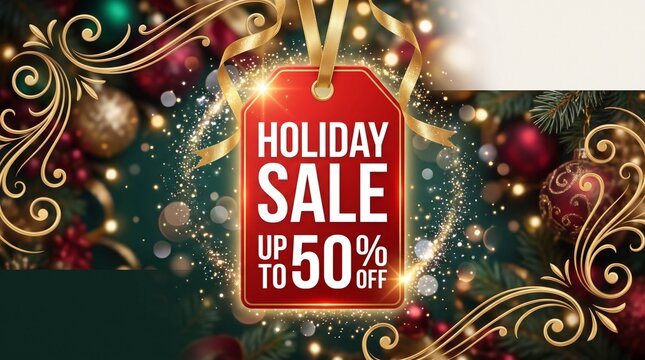 Festive Holiday SALE Banner with Glowing Discount Tag and Decorative Background