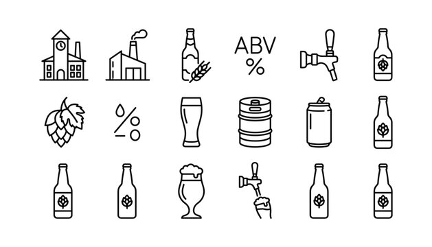Minimalist line art brewery and beer production icons vector set featuring building and beverage symbols