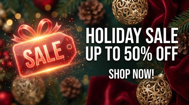 Festive Holiday SALE Banner with Glowing Discount Tag and Decorative Background
