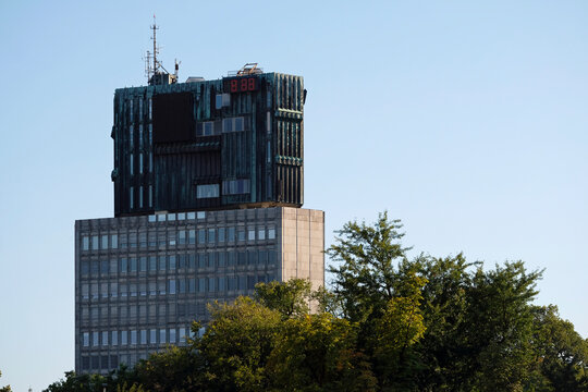 Republic Square in Ljubljana, Slovenia, seen above some tree tops