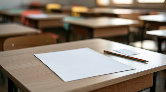 Blank classroom welcome sheet mockup with colored pencil and note card on wooden school desk in an empty learning space