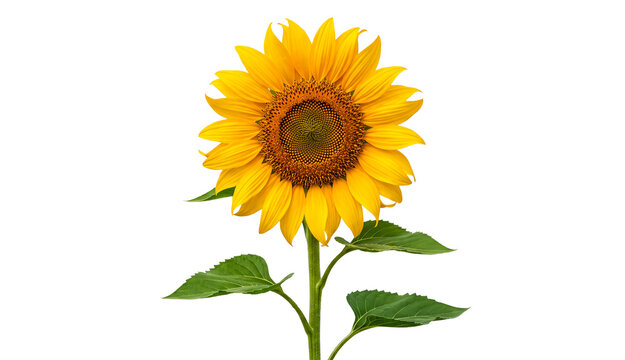 Sunflower Plant Blooming Yellow Flower Head Front View with Stem and Leaves Isolated PNG Transparent Background Macro Studio Shot