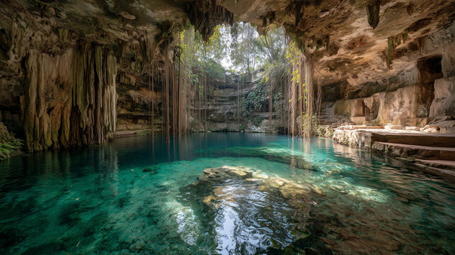 Cenote Ik Kil with crystal-clear emerald water, hanging vines, limestone walls, magical natural lighting, ultra photorealistic, HDR, 8K, no people